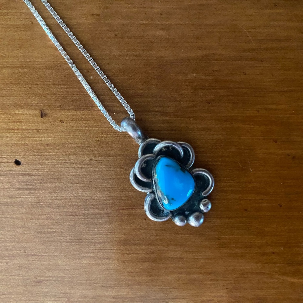 Vintage Native American Sterling Silver Turquoise Pendant with 16” Chain